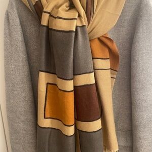 Feather light, pumpkin, camel, chocolate brown & gray pashmina color block scarf